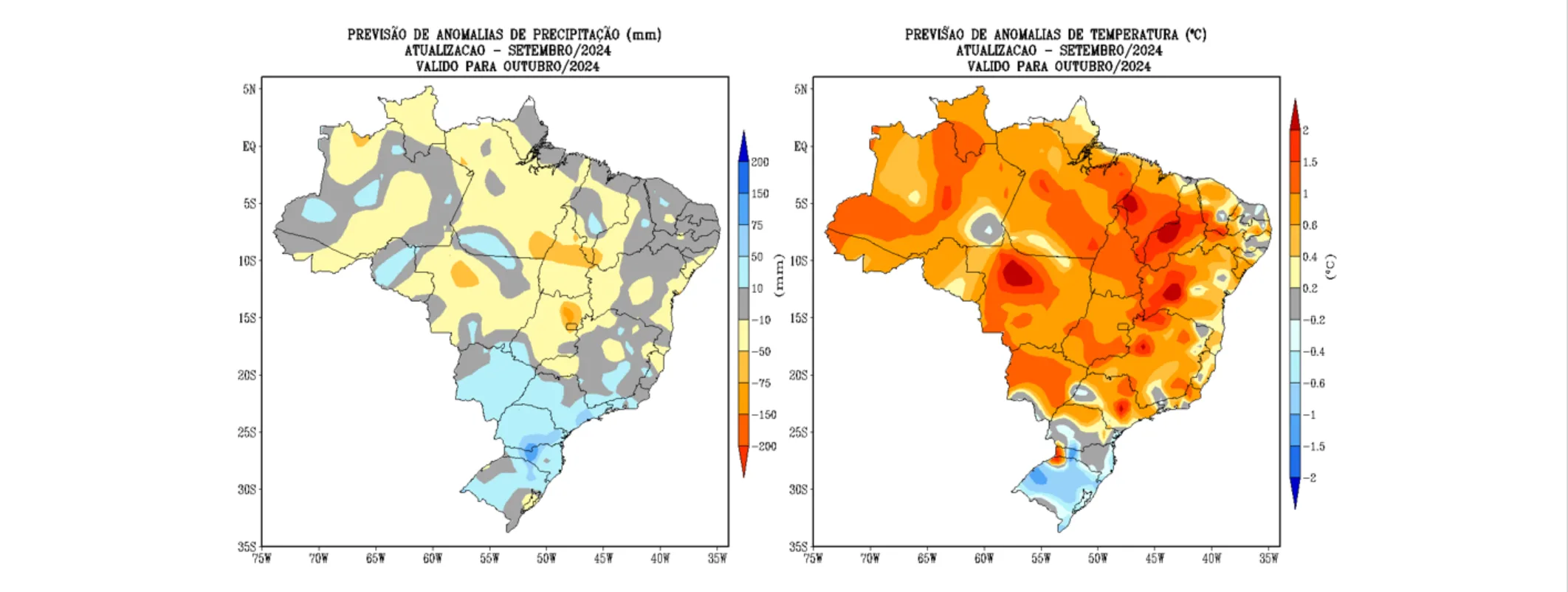 Previsão de anomalias de (a) precipitação e (b) temperatura média do ar do modelo climático do INMET, para o mês de outubro de 2024. Figura: Inmet