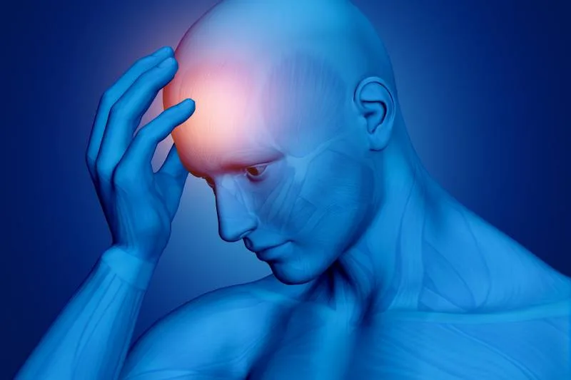 3D male medical figure holding head in pain