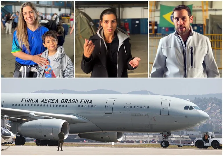 Hahan Mourad (com o filho) e Saha Mouzannah chegaram no terceiro voo de resgate. Georges El Kadamawi foi à Base Aérea para receber o pai, que estava no Líbano. Fotos: MDS e Agência Brasil

