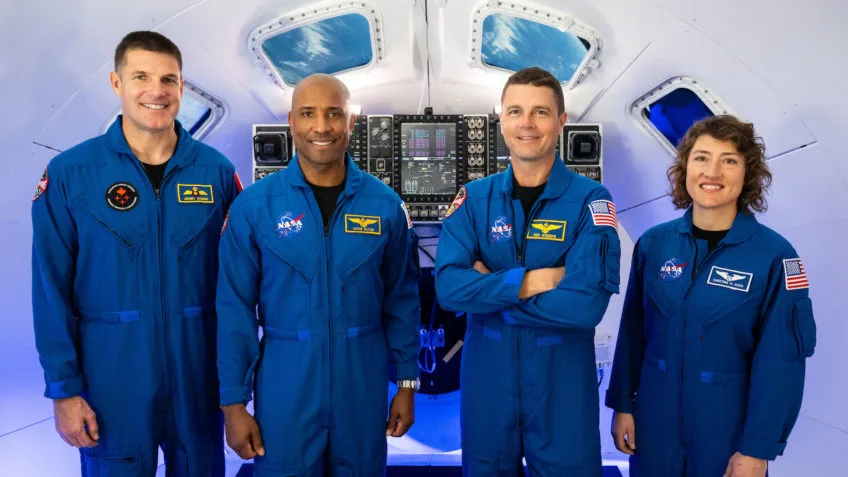 astronautas que irão compor a tripulação da Artemis 2: Jeremy Hansen, Victor Glover, Reid Wiseman e Christina Koch. Foto: Divulgação