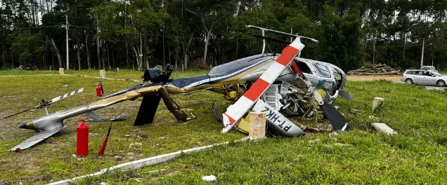 Helicóptero cai com 5 pessoas a bordo em SC logo após levantar voo, e 1 vítima é hospitalizada