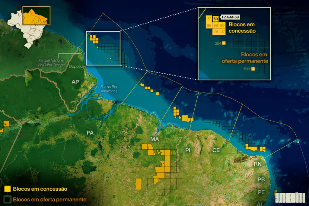 Mapa da posição do bloco 59 da Petrobras. Infográfico: Rodolfo Almeida/SUMAÚMA