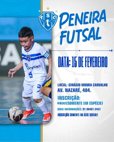 Jovens atletas, não percam a peneira Paysandu! Inscrições abertas para Vôlei e Futsal. Demonstre seu talento!