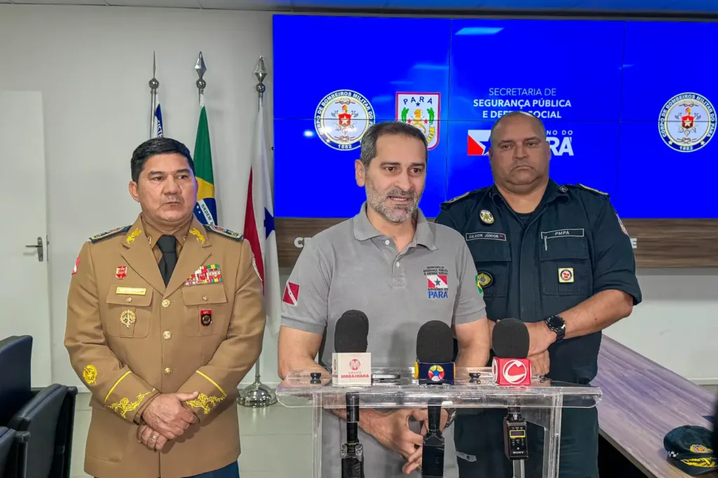 Durante a coletiva, os gestores do Sistema Estadual de Segurança Pública reforçaram que os certames seguem todas as exigências legais Foto: Cássio Matos / Ag.Pará Durante a coletiva, os gestores do Sistema Estadual de Segurança Pública reforçaram que os certames seguem todas as exigências legais Foto: Cássio Matos / Ag.Pará