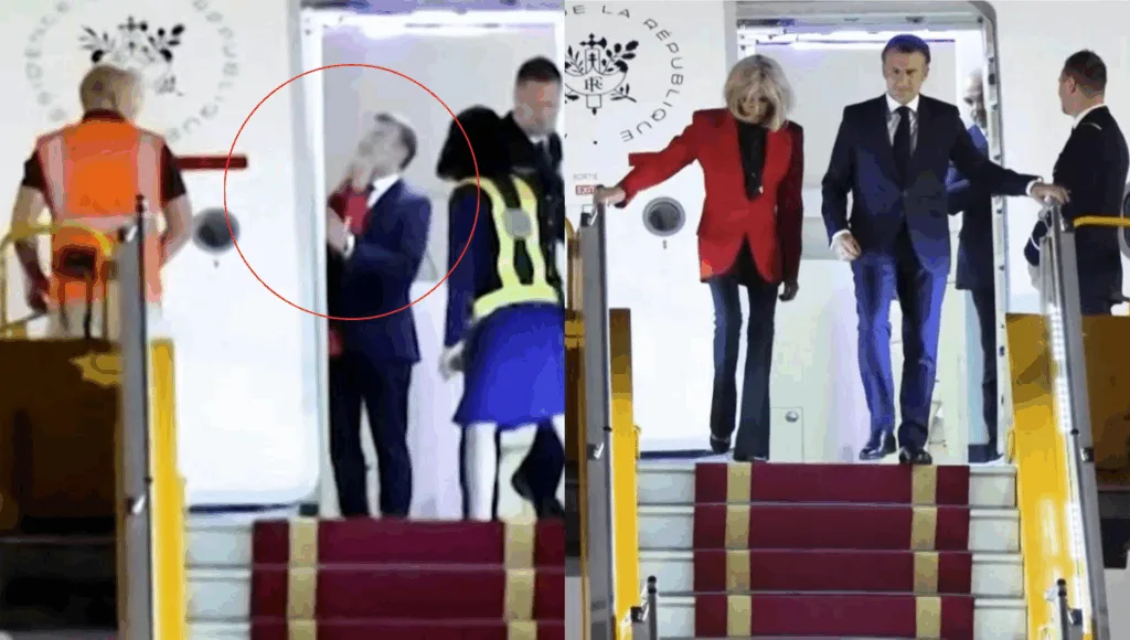 Cena ocorreu após imagens mostrarem mãos de Brigitte Macron atingindo o rosto de Emmanuel Macron quando o casal desembarcava em Hanói Cena ocorreu após imagens mostrarem mãos de Brigitte Macron atingindo o rosto de Emmanuel Macron quando o casal desembarcava em Hanói