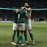 O jogador Flaco López, da SE Palmeiras, comemora seu gol contra a equipe do C Sporting Cristal, durante partida válida pela fase de grupos, da Copa Libertadores, na arena Allianz Parque. (Foto: Cesar Greco/Palmeiras/by Canon
