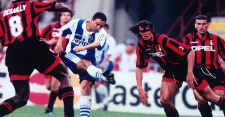 Artur em ação contra o poderoso Milan, de Maldini e cia.