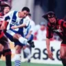Artur em ação contra o poderoso Milan, de Maldini e cia.
