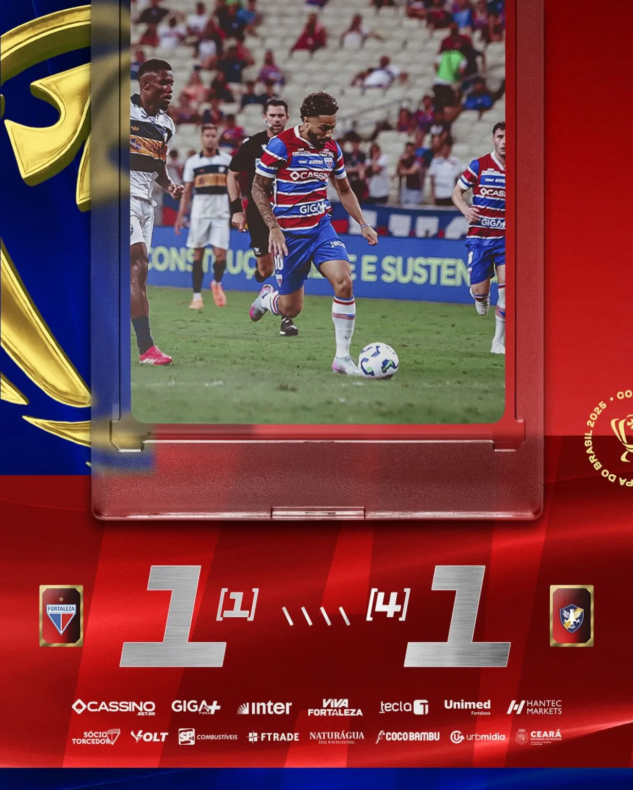 O Fortaleza está fora da Copa do Brasil. Jogando no Castelão, o Tricolor de Aço foi eliminado nos pênaltis pelo Retrô, após um empate em 1 a 1 no tempo normal.