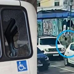 Um homem foi flagrado por câmeras de segurança arremessando uma pedra contra um dos novos ônibus climatizados