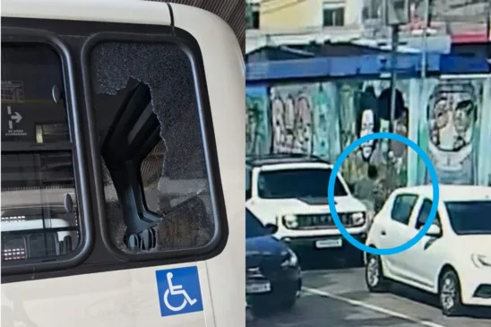 Um homem foi flagrado por câmeras de segurança arremessando uma pedra contra um dos novos ônibus climatizados