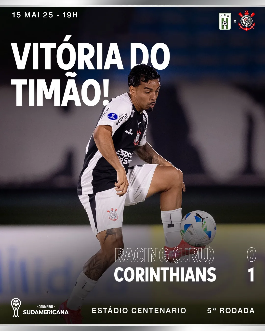 O Corinthians venceu o Racing-URU por 1 a 0 no Estádio Centenário, e segue com chances de classificação.