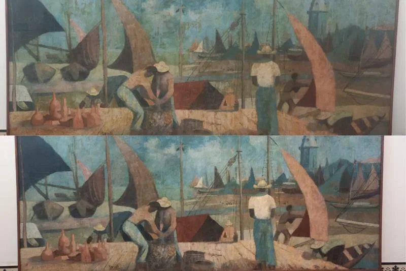 Imagens da obra antes (acima) e depois (abaixo) da restauração - Crédito: Divulgação/Mabe Imagens da obra antes (acima) e depois (abaixo) da restauração - Crédito: Divulgação/Mabe