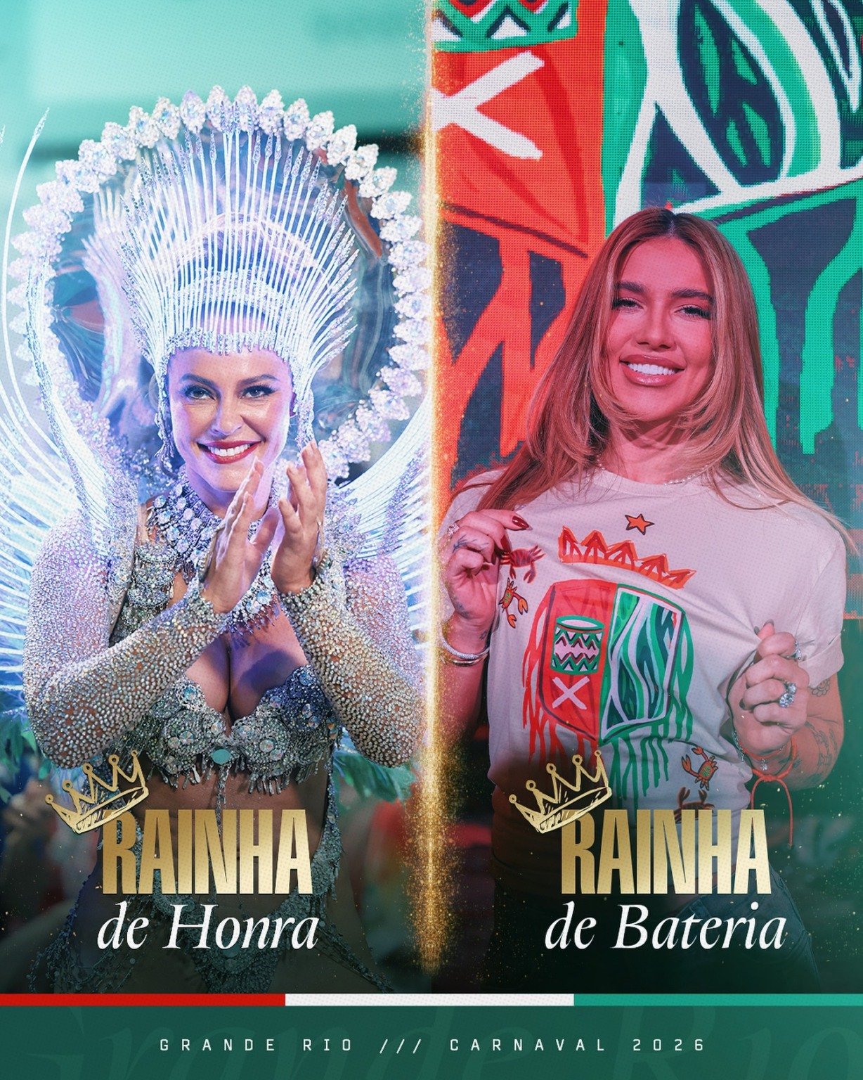 Paolla Oliveira foi anunciada nesta quarta-feira (16) pela Grande Rio como rainha de honra da escola para o Carnaval de 2026