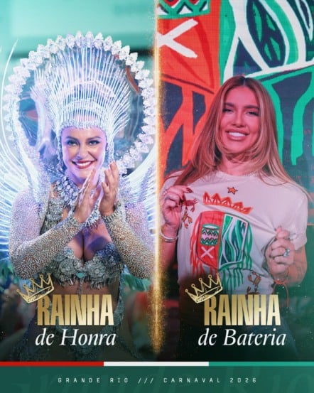 Paolla Oliveira foi anunciada nesta quarta-feira (16) pela Grande Rio como rainha de honra da escola para o Carnaval de 2026