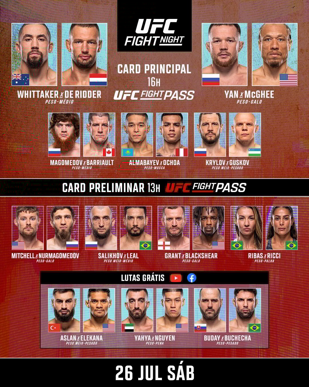 UFC 26/07: onde assistir ao vivo, horário e card completo com brasileiros no octógono