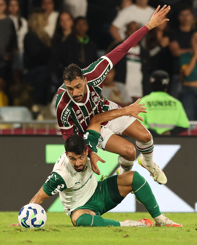 O jogador Flaco López, da SE Palmeiras, disputa bola com o jogador do Fluminense FC, durante partida válida pela décima sexta rodada, do Campeonato Brasileiro, Série A, no Estádio Maracanã. (Foto: Cesar Greco/Palmeiras/by Canon)