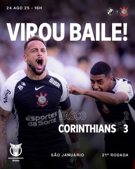 O Corinthians venceu o Vasco neste domingo por 3 a 2, em confronto pela 21ª rodada da Série A do Brasileirão.