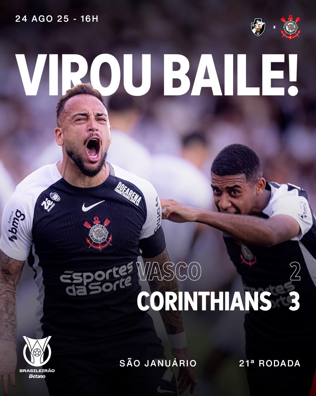 O Corinthians venceu o Vasco neste domingo por 3 a 2, em confronto pela 21ª rodada da Série A do Brasileirão.