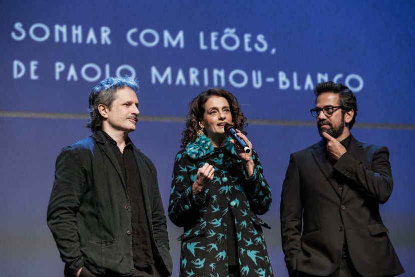 20/08/2025 - 53º Festival de Cinema de Gramado - Mostra competitiva de Longas-metragens brasileiros - "Sonhar com Leões" - Ator Felipe Rocha, atriz Denise Fraga e o diretor Paolo Marinou-Blanco | Foto oficial: Cleiton Thiele/Ag.Pressphoto
