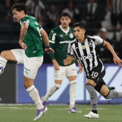 O jogador Mauricio, da SE Palmeiras, disputa bola com o jogador do Botafogo FR, durante partida válida pela vigésima rodada, do Campeonato Brasileiro, Série A, no Esteadio Nilton Santos. (Foto: Cesar Greco/Palmeiras/by Canon)