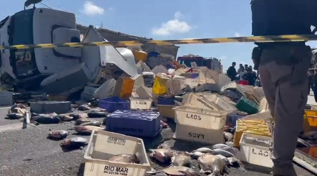 Caminhão com carga de peixe tomba na BR-316 em Castanhal
