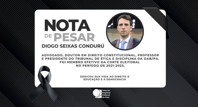 O Tribunal Regional Eleitoral (TRE) do Pará emitiu nesta segunda, 25, nota de pesar pela morte do ex-juiz Diogo Seixas Condurú, ocorrida no último domingo, 24, em Belém, aos 42 anos. A Corte destacou a trajetória do magistrado e reafirmou solidariedade aos familiares, amigos e colegas, ressaltando o compromisso em manter viva sua memória e legado. Condurú atuou no TRE-PA como juiz substituto em 2020 e juiz titular entre 2021 e 2023, além de exercer o cargo de vice-diretor da Escola Judiciária Eleitoral. Em 2023, presidiu o Tribunal de Ética e Disciplina da Ordem dos Advogados do Brasil – Seção Pará (OAB-PA) e foi membro da Comissão Nacional de Estudos Constitucionais do Conselho Federal da OAB. Bacharel em Direito pelo Centro Universitário do Pará (Cesupa), mestre pela Universidade Federal do Pará (UFPA) e doutorando em Direito Constitucional pelo Instituto Brasileiro de Ensino, Desenvolvimento e Pesquisa (IDP), Condurú também foi professor em instituições como a Escola Superior da Magistratura do Pará (ESM) e o próprio Cesupa. Ele foi ainda o primeiro advogado paraense eleito, em 2023, para compor a lista tríplice do Tribunal Regional Federal da 1ª Região, após ter alcançado o primeiro lugar na lista sêxtupla. O advogado e juiz deixa a esposa, Thais, e dois filhos pequenos, Pedro e Eva. O velório ocorre desde as 7h desta segunda-feira, 25, no Recanto da Saudade, em Belém, e o sepultamento está marcado para as 14h, no mesmo local. A OAB-PA, a Subseção Santarém da Ordem, o senador Beto Faro (PT-PA) e juristas como o advogado Ophir Cavalcante Júnior manifestaram pesar pela perda, destacando a relevância de Condurú para o Direito no Pará.
