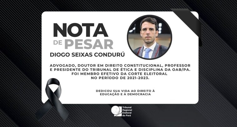 O Tribunal Regional Eleitoral (TRE) do Pará emitiu nesta segunda, 25, nota de pesar pela morte do ex-juiz Diogo Seixas Condurú, ocorrida no último domingo, 24, em Belém, aos 42 anos. A Corte destacou a trajetória do magistrado e reafirmou solidariedade aos familiares, amigos e colegas, ressaltando o compromisso em manter viva sua memória e legado. Condurú atuou no TRE-PA como juiz substituto em 2020 e juiz titular entre 2021 e 2023, além de exercer o cargo de vice-diretor da Escola Judiciária Eleitoral. Em 2023, presidiu o Tribunal de Ética e Disciplina da Ordem dos Advogados do Brasil – Seção Pará (OAB-PA) e foi membro da Comissão Nacional de Estudos Constitucionais do Conselho Federal da OAB. Bacharel em Direito pelo Centro Universitário do Pará (Cesupa), mestre pela Universidade Federal do Pará (UFPA) e doutorando em Direito Constitucional pelo Instituto Brasileiro de Ensino, Desenvolvimento e Pesquisa (IDP), Condurú também foi professor em instituições como a Escola Superior da Magistratura do Pará (ESM) e o próprio Cesupa. Ele foi ainda o primeiro advogado paraense eleito, em 2023, para compor a lista tríplice do Tribunal Regional Federal da 1ª Região, após ter alcançado o primeiro lugar na lista sêxtupla. O advogado e juiz deixa a esposa, Thais, e dois filhos pequenos, Pedro e Eva. O velório ocorre desde as 7h desta segunda-feira, 25, no Recanto da Saudade, em Belém, e o sepultamento está marcado para as 14h, no mesmo local. A OAB-PA, a Subseção Santarém da Ordem, o senador Beto Faro (PT-PA) e juristas como o advogado Ophir Cavalcante Júnior manifestaram pesar pela perda, destacando a relevância de Condurú para o Direito no Pará.