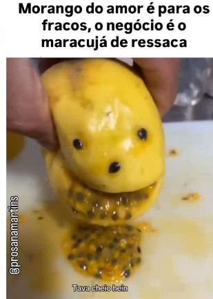 A fruta híbrida que ninguém pediu — uma mistura fictícia entre maracujá e cachaça — virou meme e caiu no gosto dos internautas como símbolo da ressaca moral e física pós-farra.