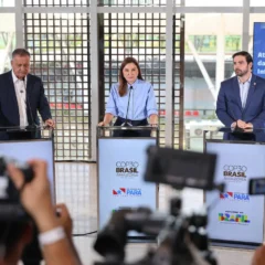 a vice-governadora do Pará, Hana Ghassan, o ministro da Casa Civil, Rui Costa, e o prefeito de Belém, Igor Normando, apresentaram, nesta quarta-feira (24), o balanço de países já confirmados pela ONU. Foto: Marco Santos/Agência Pará
