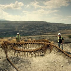 Reconstrução do esqueleto de  T. cerrejonensis no local onde foi descoberto. (Imagem retirada do documentário Titanoboa: Monster Snake) . Foto: Reprodução
