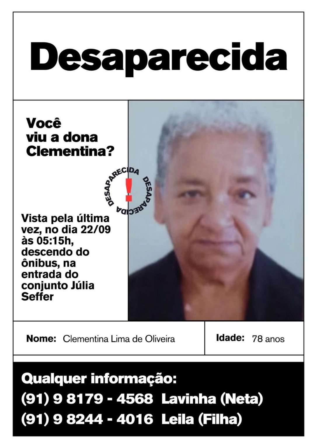 Idosa de 78 anos está desaparecida em Ananindeua; família busca informações