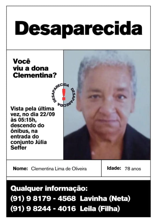 Idosa de 78 anos está desaparecida em Ananindeua; família busca informações