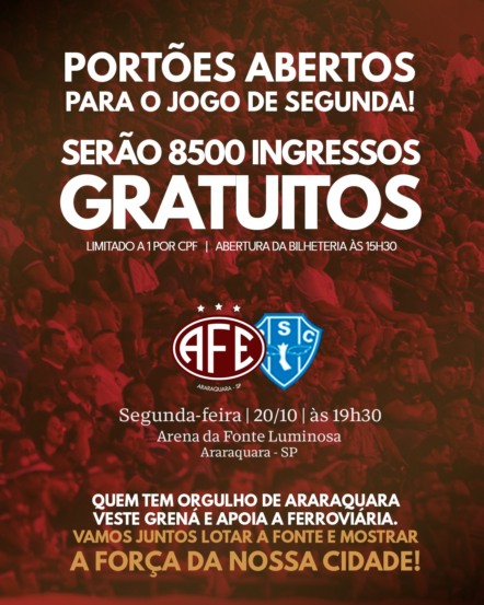 Ferroviária libera 9,5 mil ingressos grátis para jogo decisivo contra o Paysandu