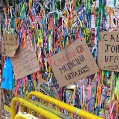 Calouros penduram placas com seus cursos em agradecimento a Nazinha. Fotos: Clayton Matos