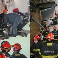 Bombeiros trabalham no resgate de vítimas que ainda estão sob os escombros.