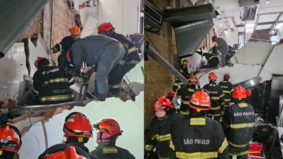 Bombeiros trabalham no resgate de vítimas que ainda estão sob os escombros.