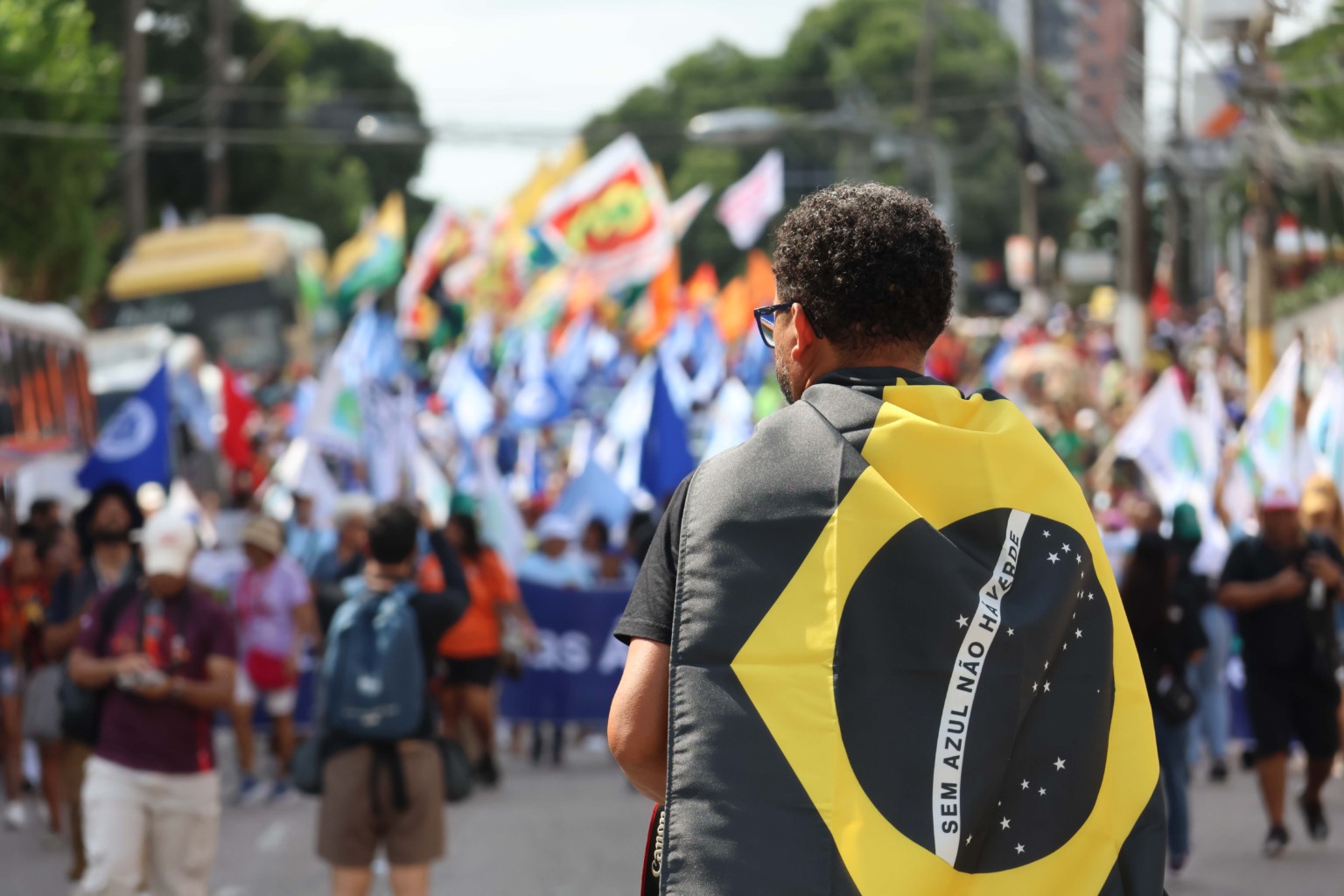 Belém, Pará, Brasil. Cidade. Marcha Mundial pelo Clima - COP30. Lideranças se reúnem na defesa de ações para a adaptação climática e contra o aquecimento global. 15/11/2025. Foto: Irene Almeida/Diário do Pará. Belém, Pará, Brasil. Cidade. Marcha Mundial pelo Clima - COP30. Lideranças se reúnem na defesa de ações para a adaptação climática e contra o aquecimento global. 15/11/2025. Foto: Irene Almeida/Diário do Pará.