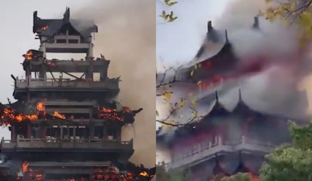 Incêndio destrói pavilhão histórico de templo budista na China Incêndio destrói pavilhão histórico de templo budista na China