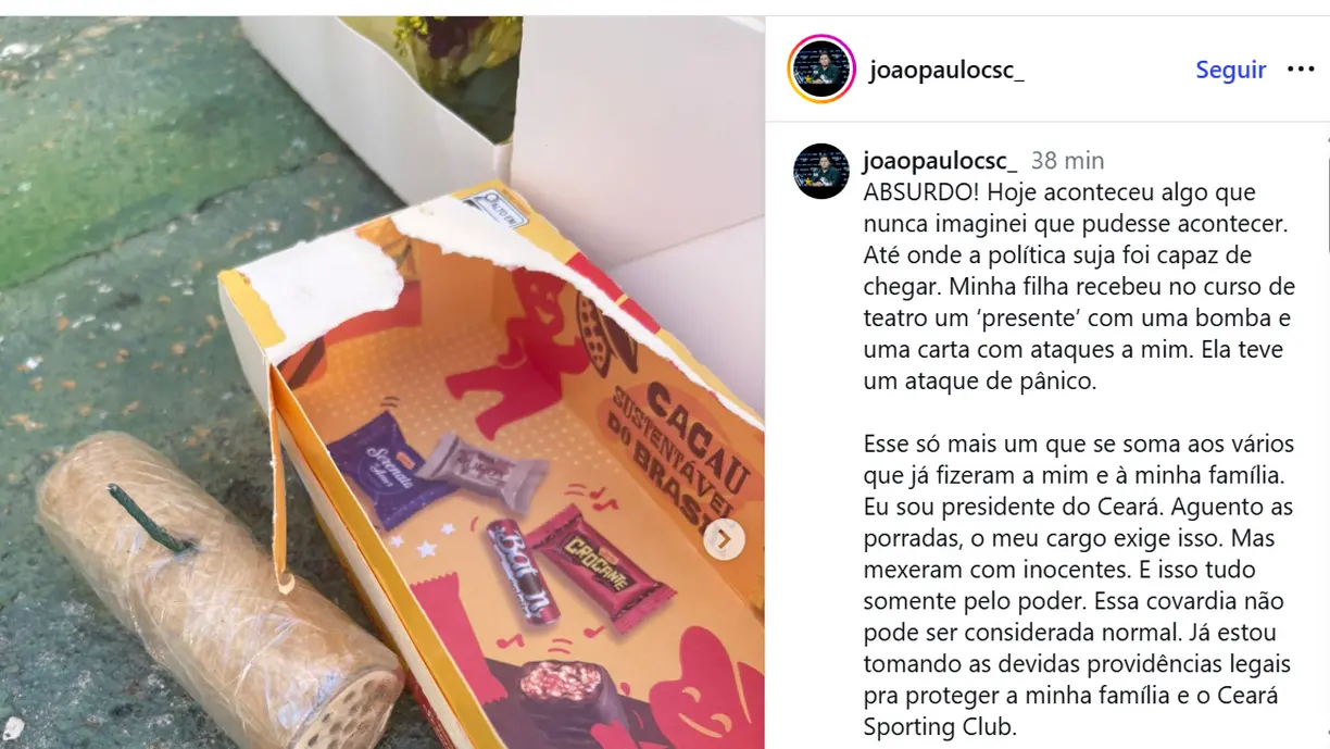 Caso grave no Ceará: filha de dirigente recebe buquê com bomba e carta de ameaça