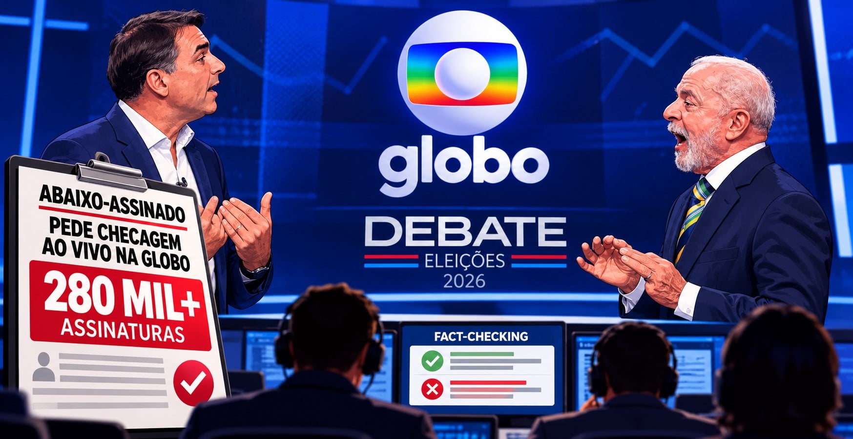 Pressão na Globo: abaixo-assinado com mais de 280 mil assinaturas exige checagem ao vivo no debate entre Lula e Flávio